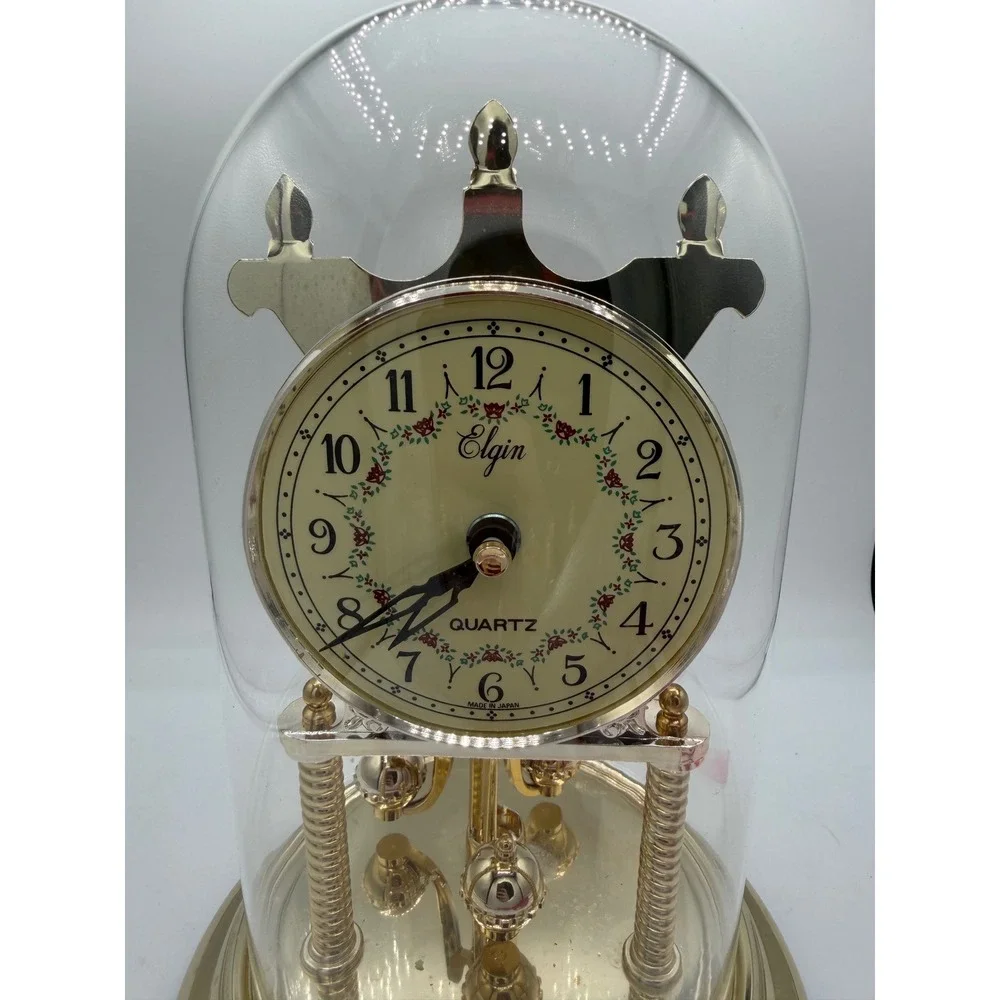 Vintage Elgin Quartz Anniversary Clock Glass Dome Floral Rose Face Made in Japan